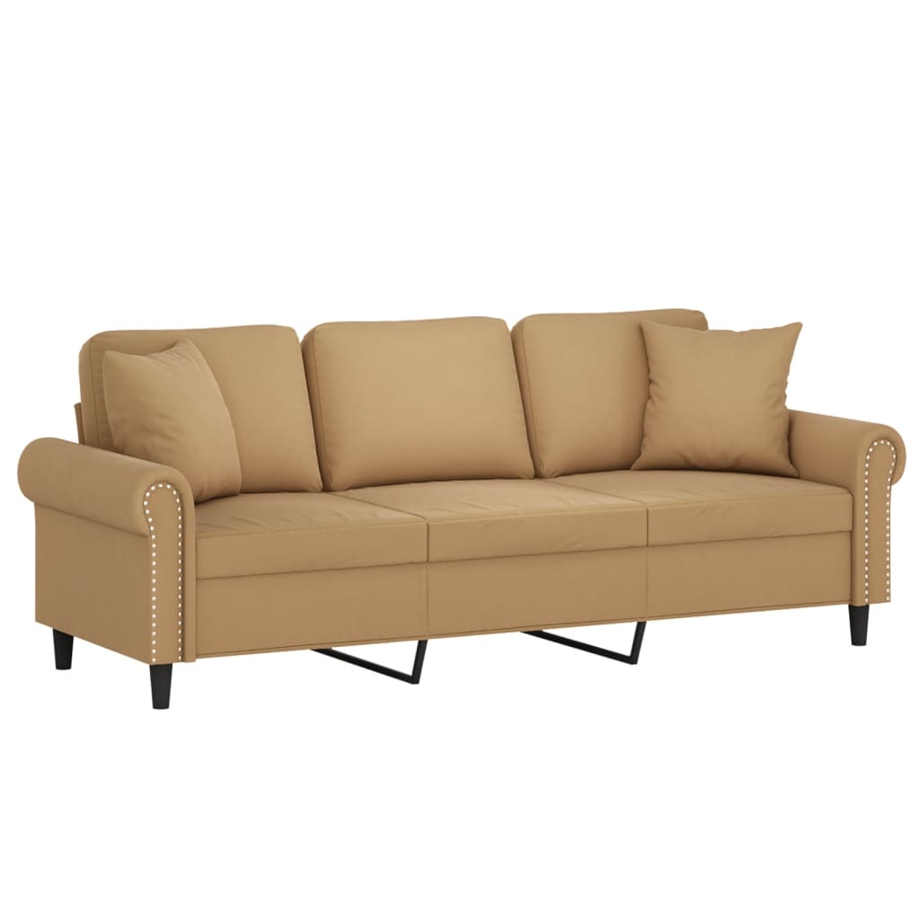 3-seater sofa with decorative cushions brown 180 cm velvet