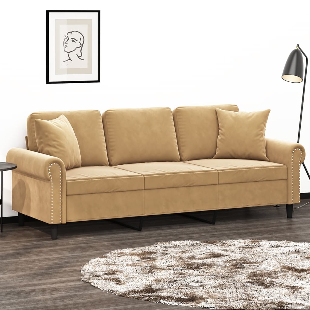 3-seater sofa with decorative cushions brown 180 cm velvet