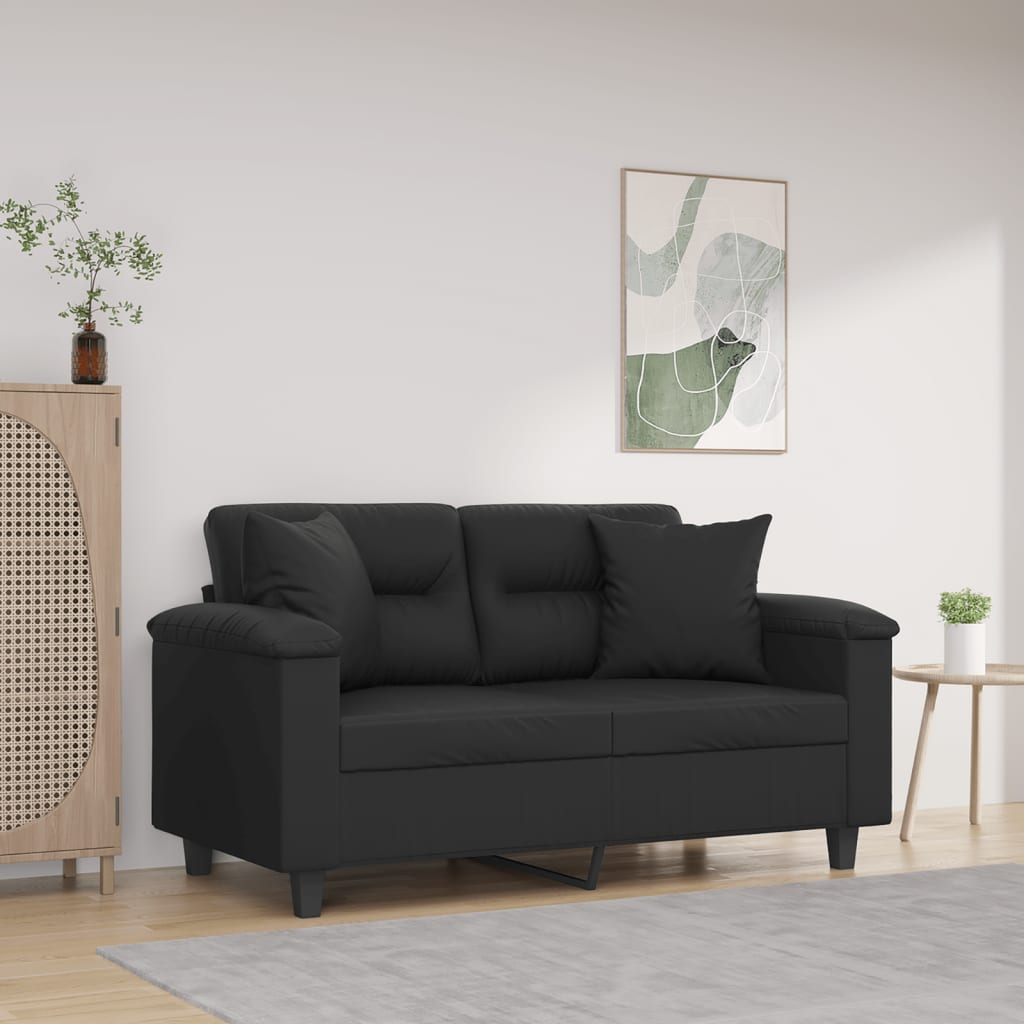 2-seater sofa with decorative cushions, black, 120 cm, faux leather