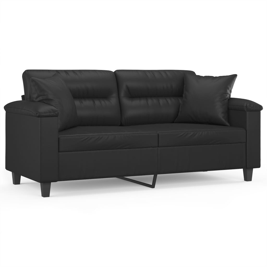 2-seater sofa with decorative cushions, black, 140 cm, faux leather