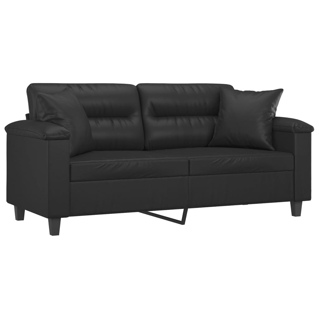 2-seater sofa with decorative cushions, black, 140 cm, faux leather