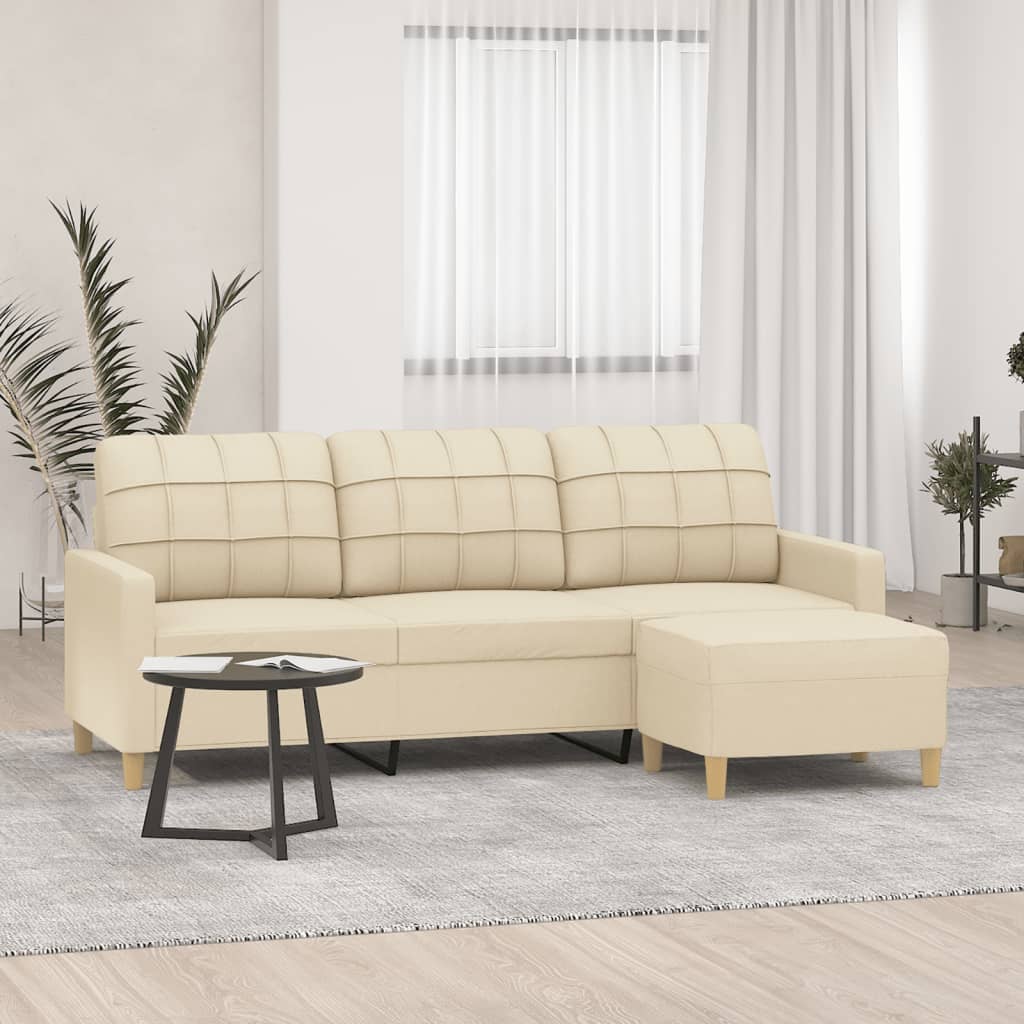 3-seater sofa with footstool cream 180 cm fabric