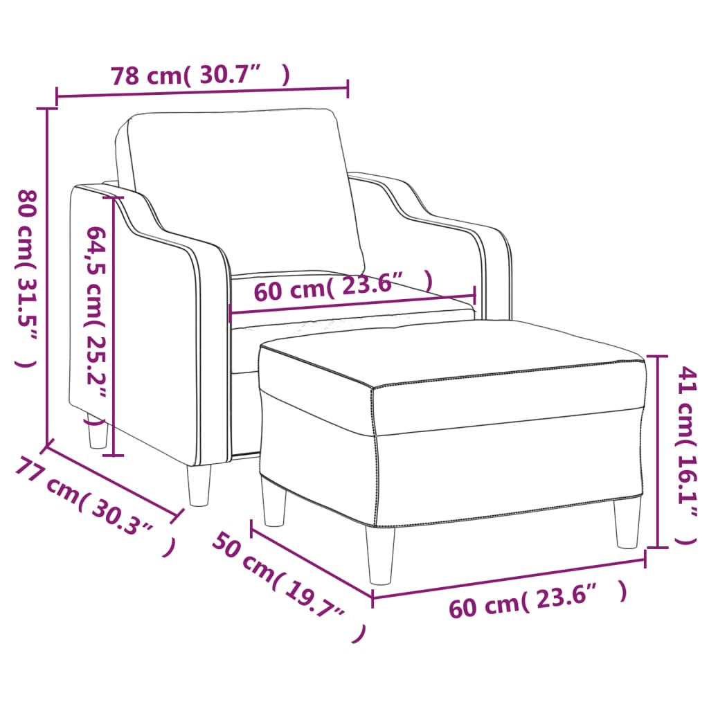 Fauteuil avec tabouret en tissu gris clair 60 cm