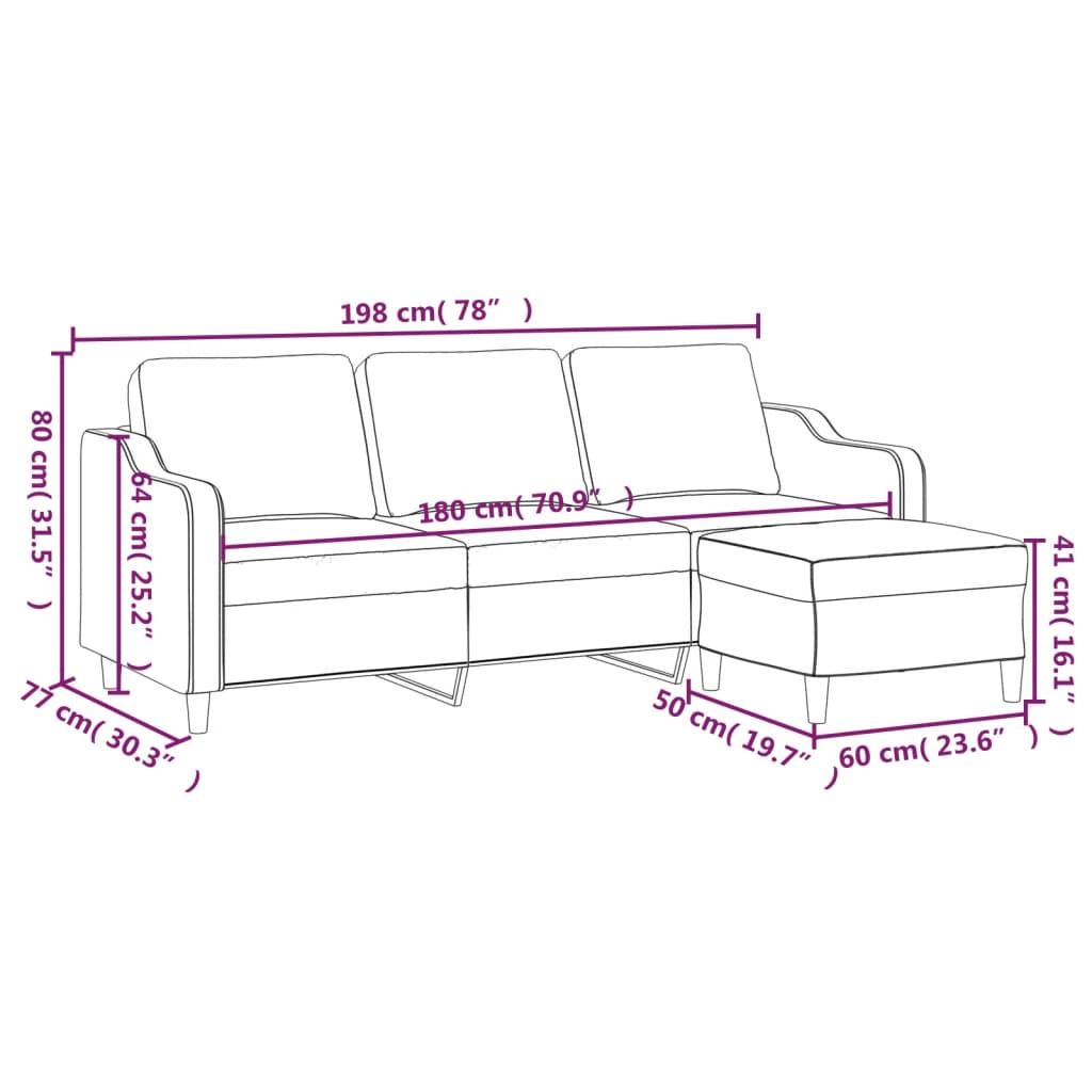 3-Sitzer-Sofa mit Hocker Creme 180 cm Stoff