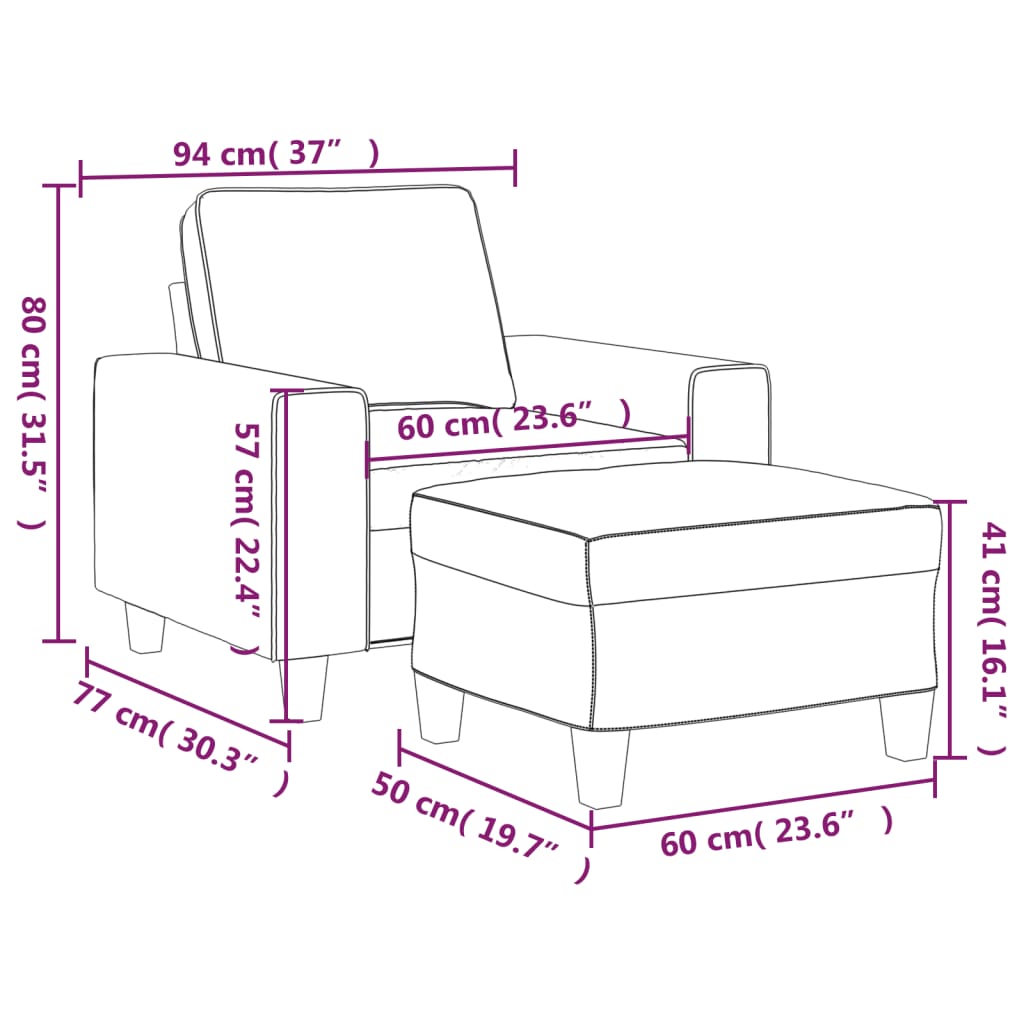 Fauteuil avec tabouret en tissu marron 60 cm