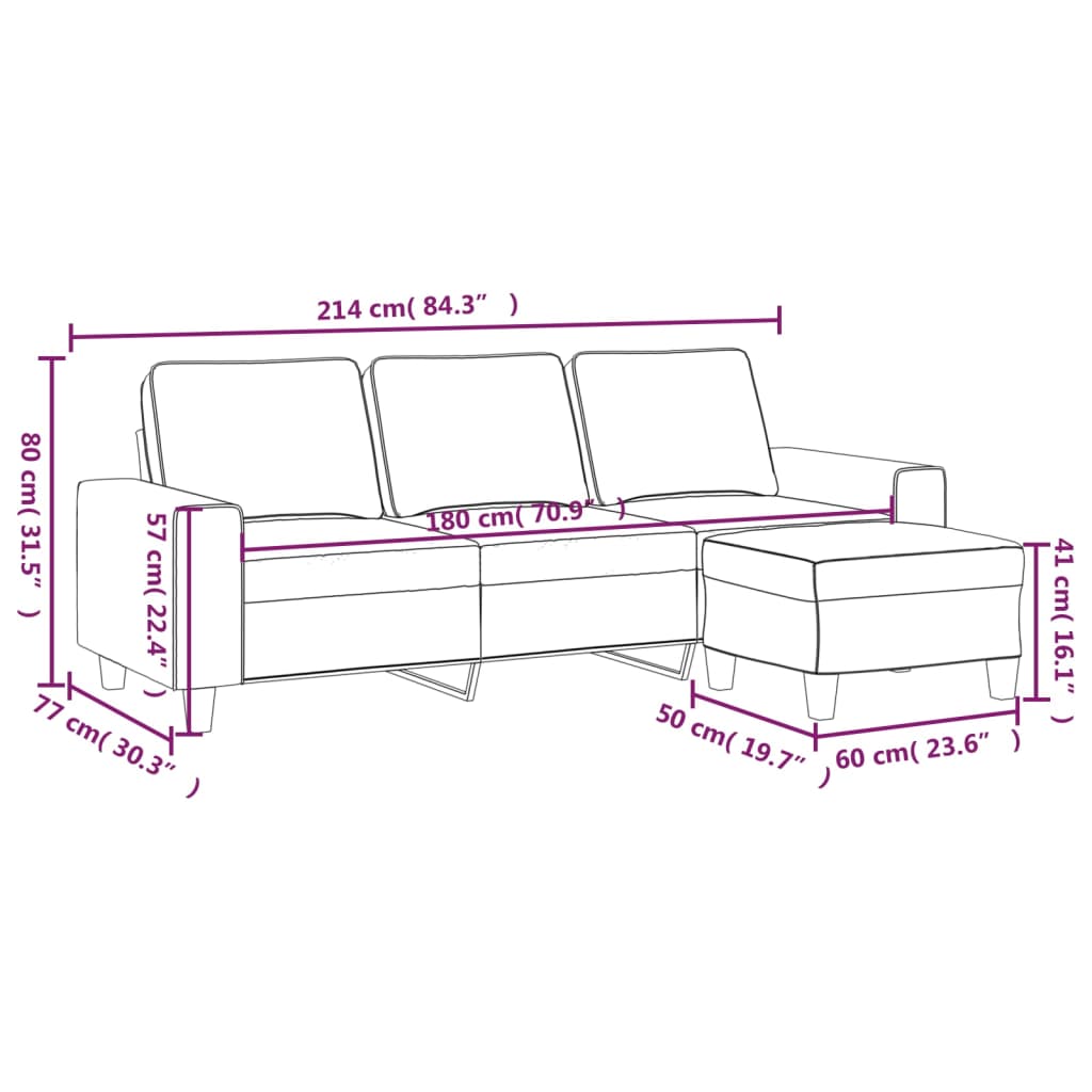3-seater sofa with footstool light yellow 180 cm fabric