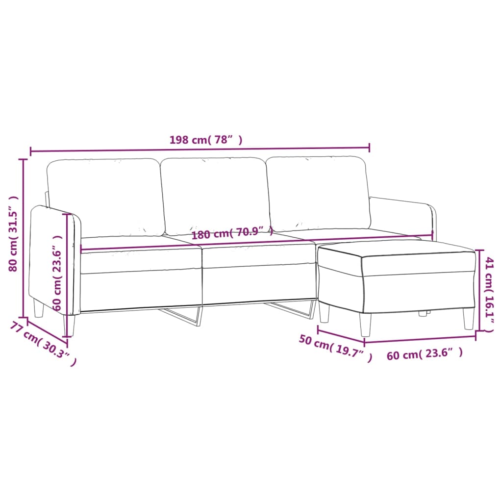 3-Sitzer-Sofa mit Hocker Creme 180 cm Stoff