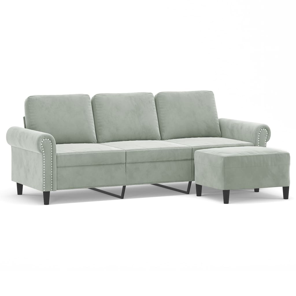 3-seater sofa with footstool light grey 180 cm velvet