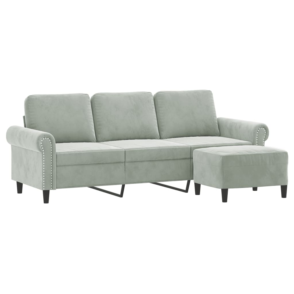 3-seater sofa with footstool light grey 180 cm velvet