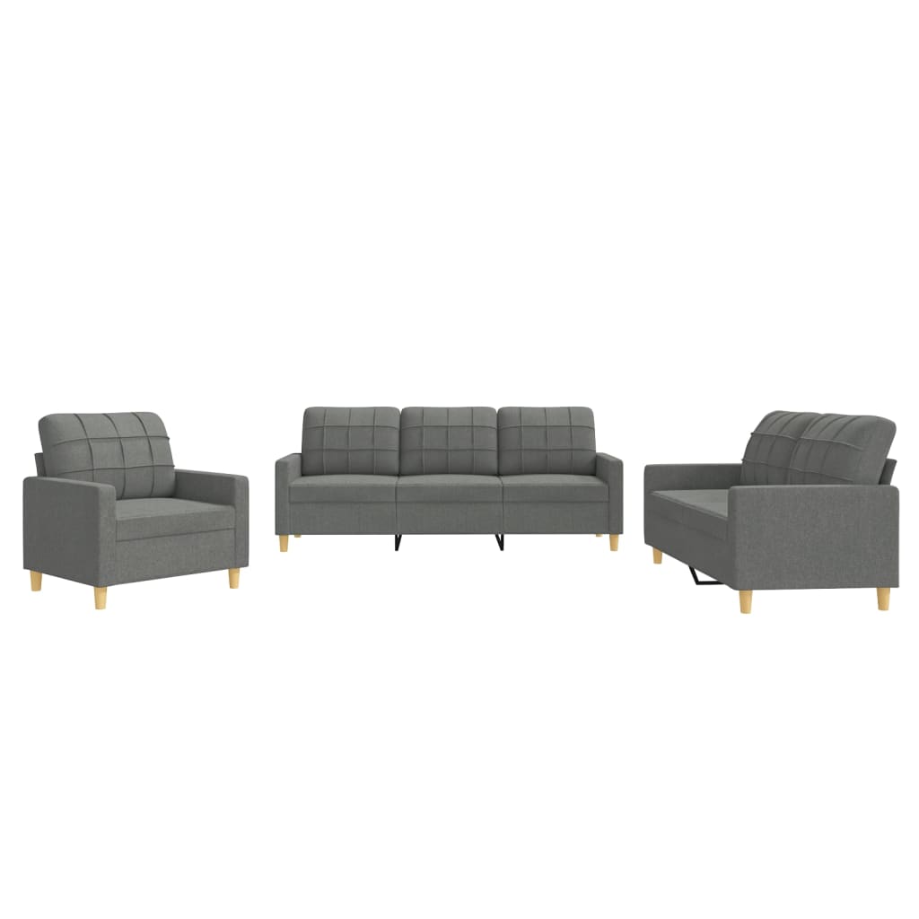 3-piece sofa set with cushions in dark grey fabric