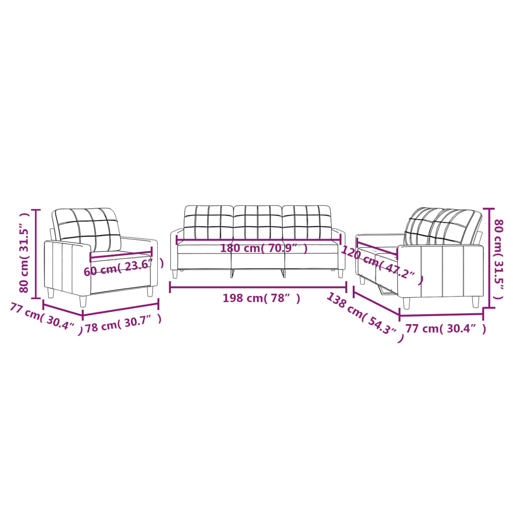 3-piece sofa set with cushions in dark grey fabric