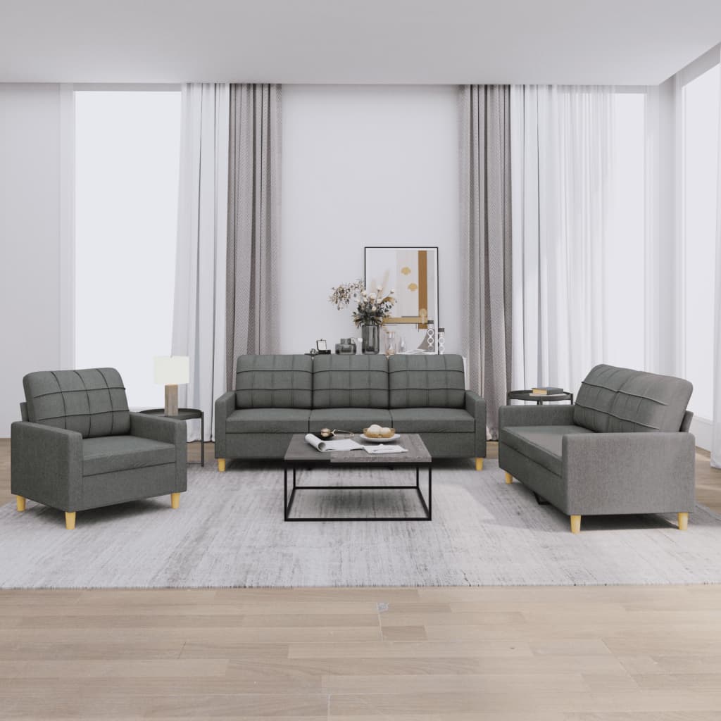 3-piece sofa set with cushions in dark grey fabric