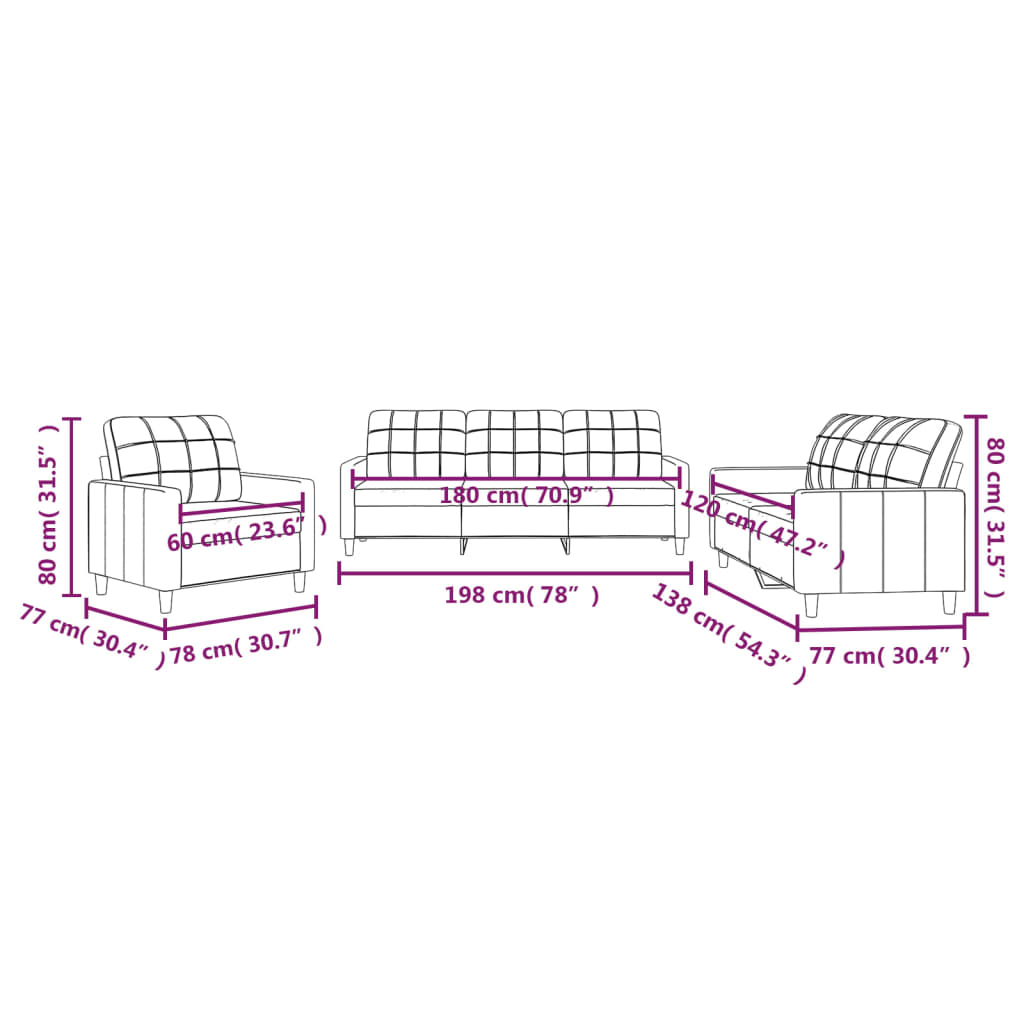 3-piece sofa set with cushions in taupe fabric