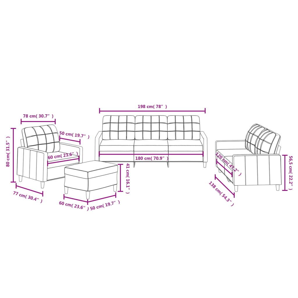 4-piece sofa set with cushions in dark grey fabric