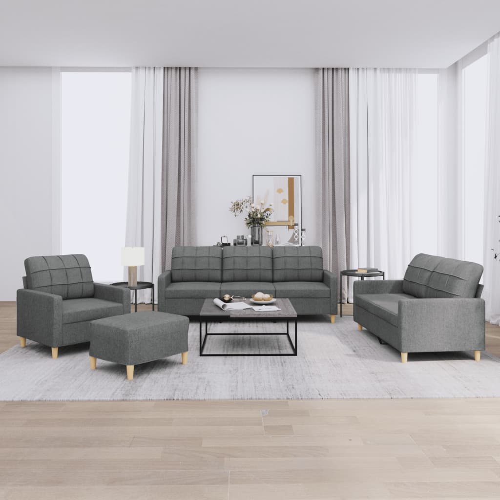 4-piece sofa set with cushions in dark grey fabric