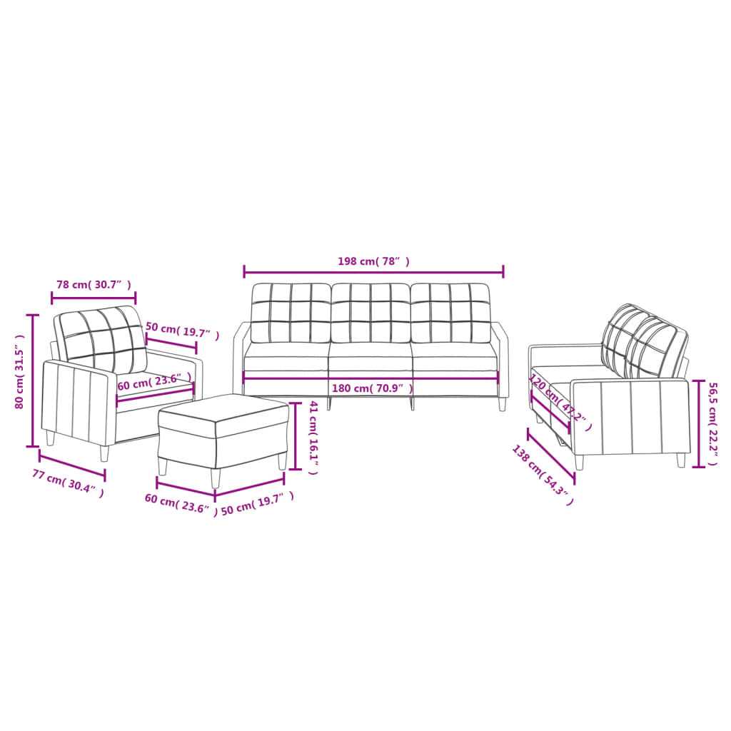 4-piece sofa set with cushions in cream fabric