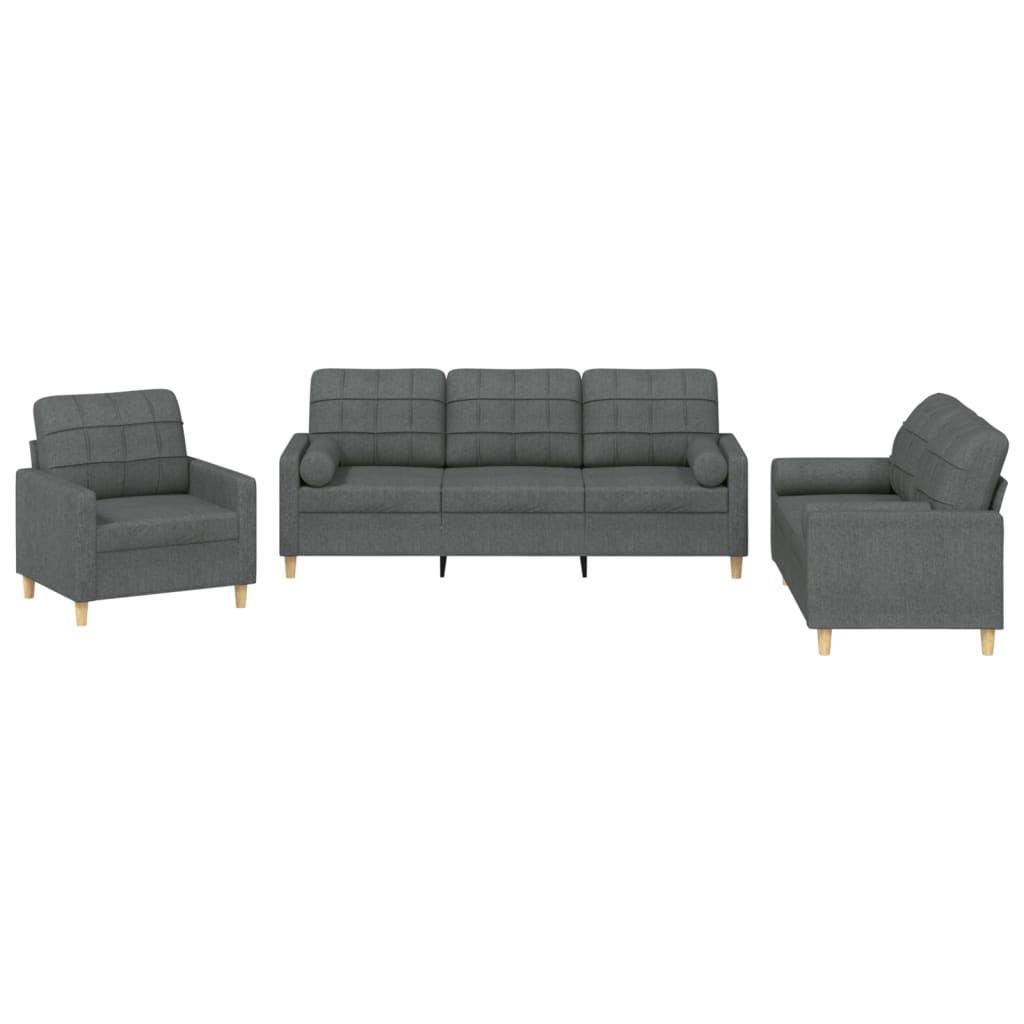 3-piece sofa set with cushions in dark grey fabric
