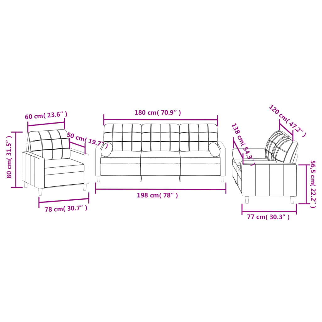 3-piece sofa set with cushions in dark grey fabric