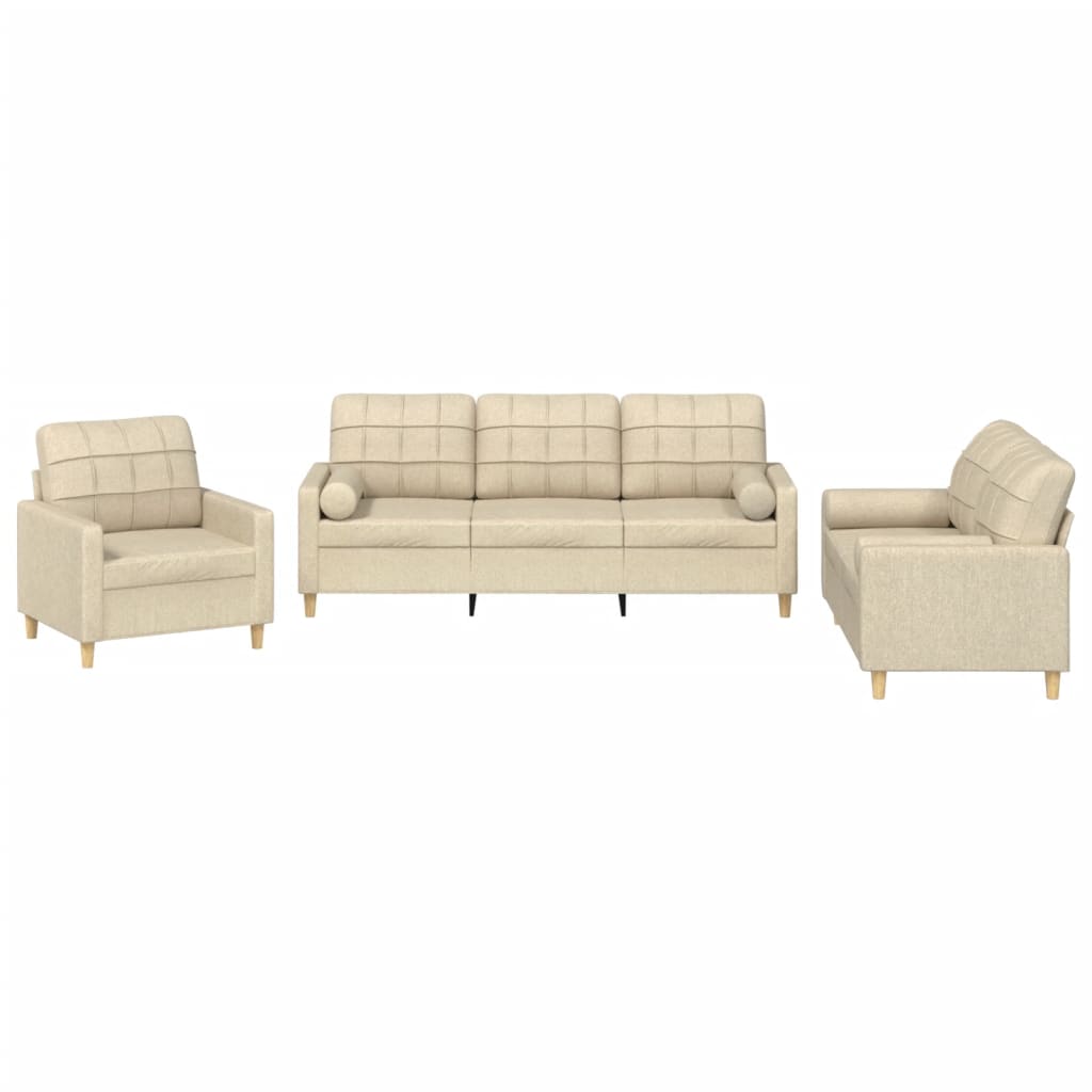 3-piece sofa set with cushions in cream fabric