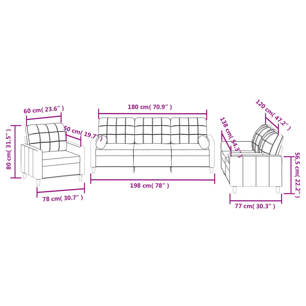 3-piece sofa set with cushions in taupe fabric