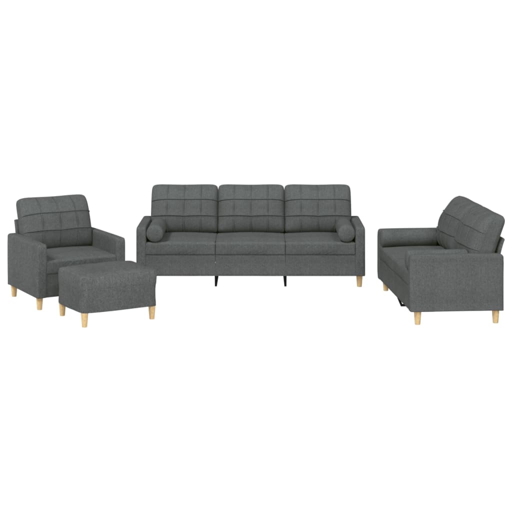 4-piece sofa set with cushions in dark grey fabric