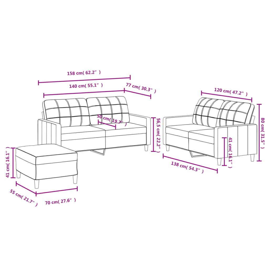 3-piece sofa set with cushions in cream fabric