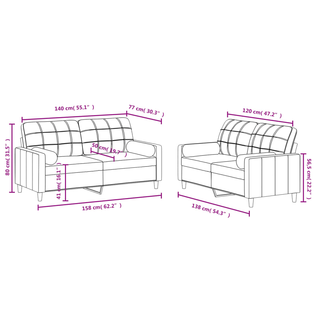 2-piece sofa set with cushions in cream fabric