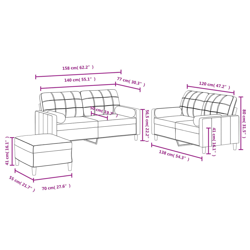 3-piece sofa set with cushions in cream fabric