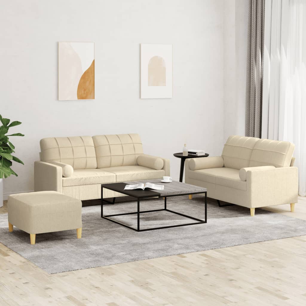 3-piece sofa set with cushions in cream fabric