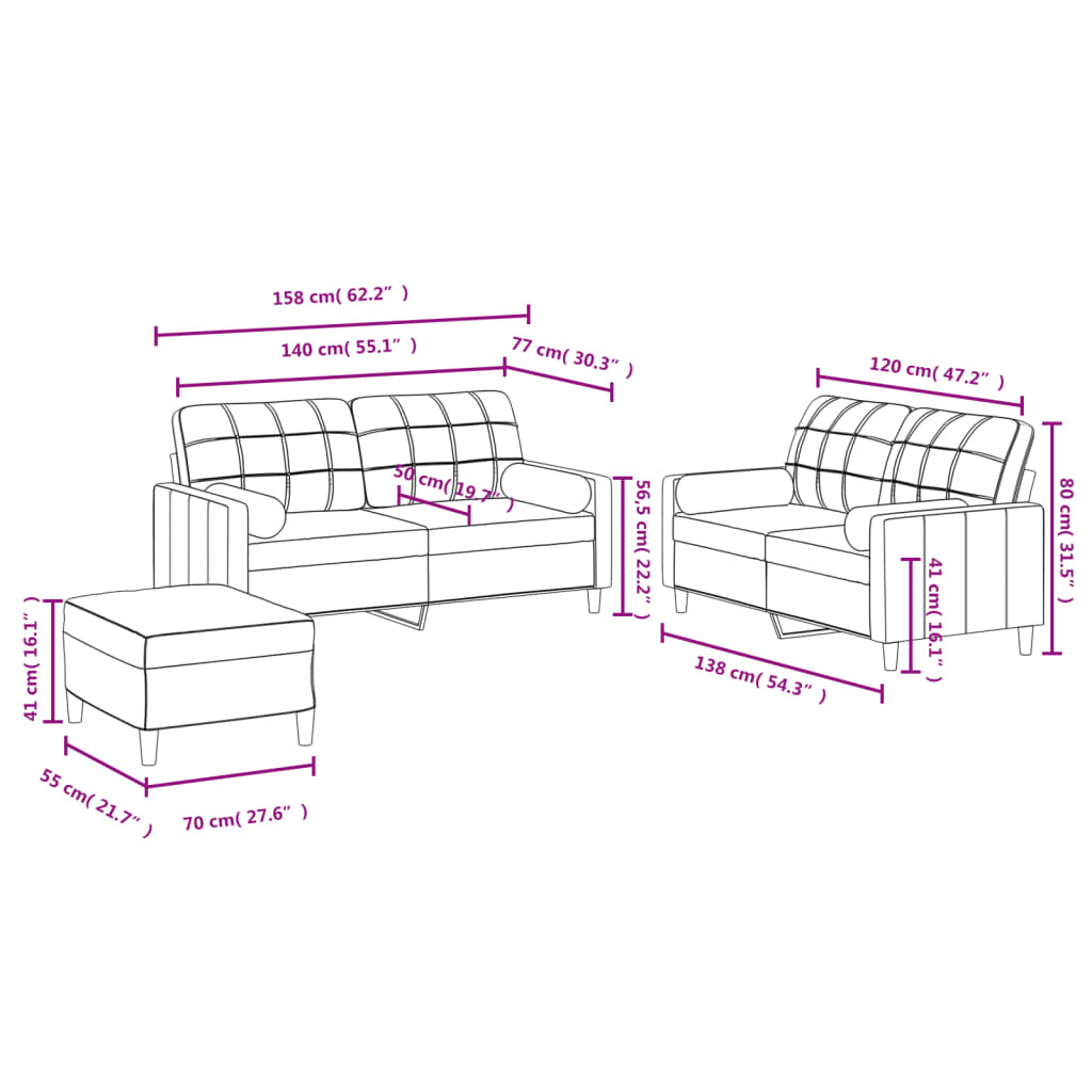 3-piece sofa set with cushions in taupe fabric