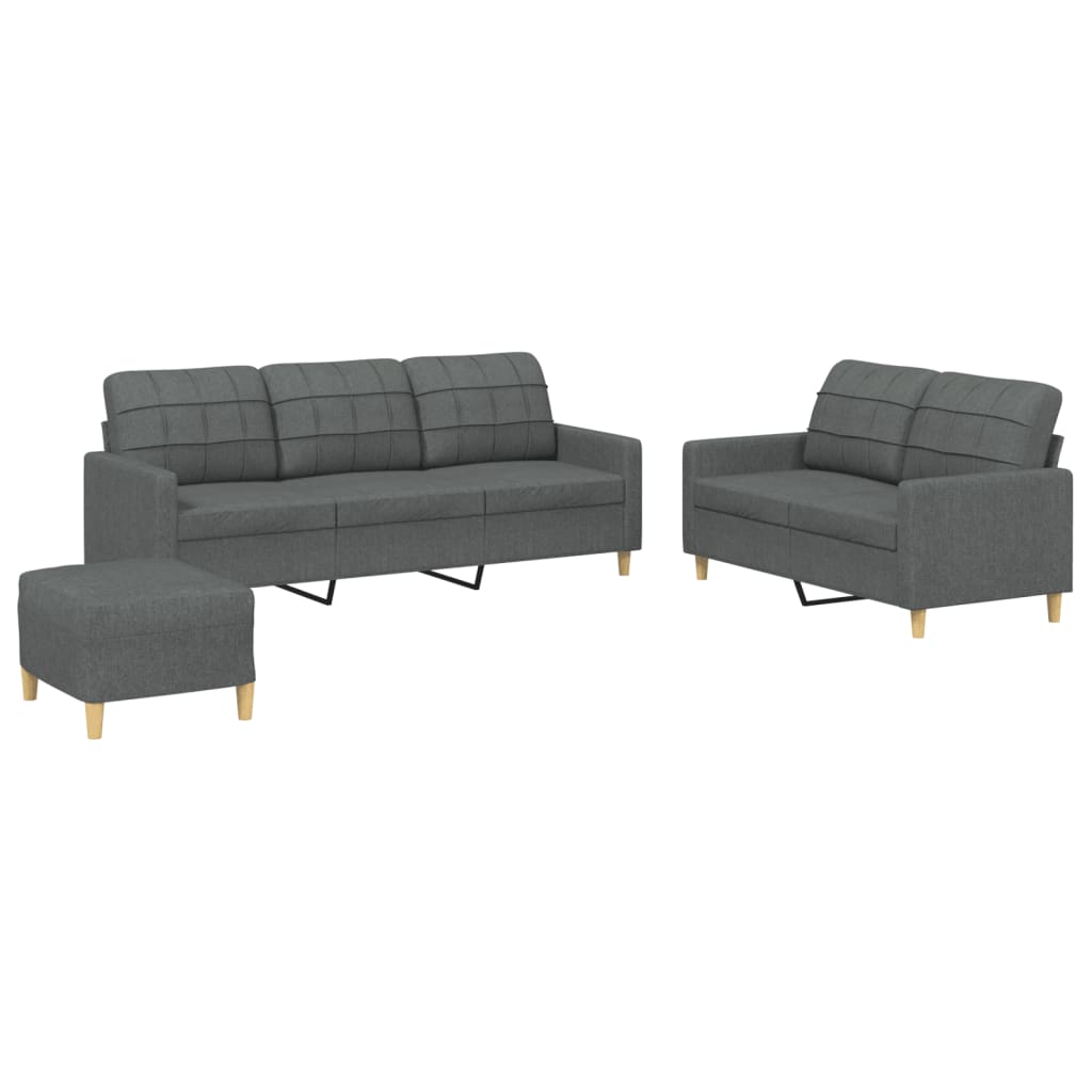 3-piece sofa set with cushions in dark grey fabric