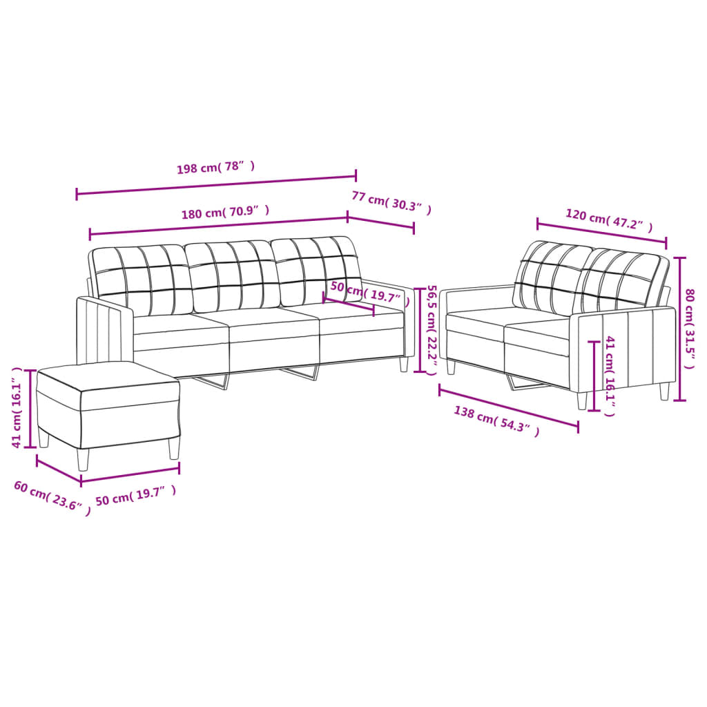 3-piece sofa set with cushions in dark grey fabric