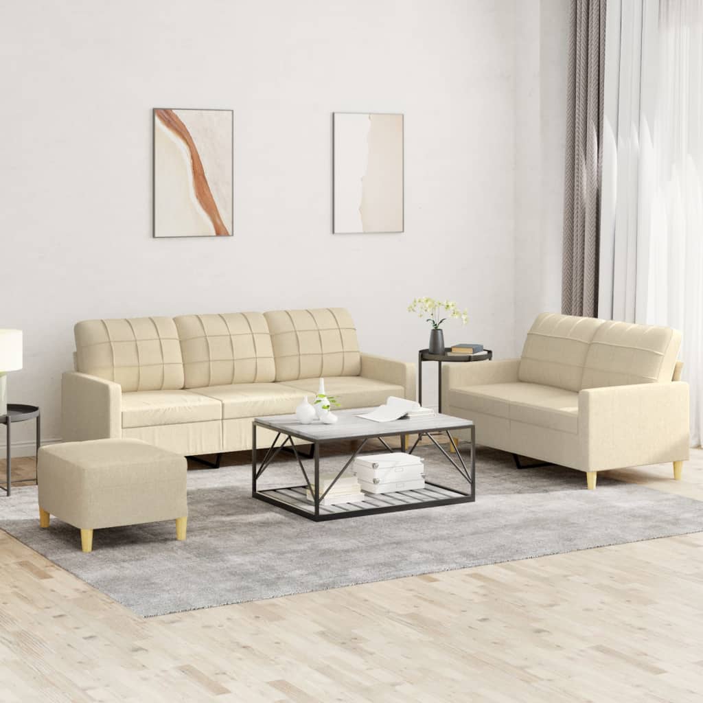 3-piece sofa set with cushions in cream fabric