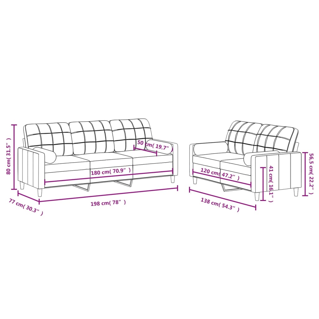 2-piece sofa set with cushions in cream fabric