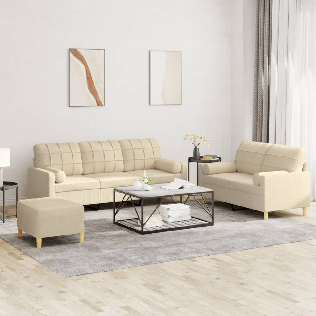3-piece sofa set with cushions in cream fabric