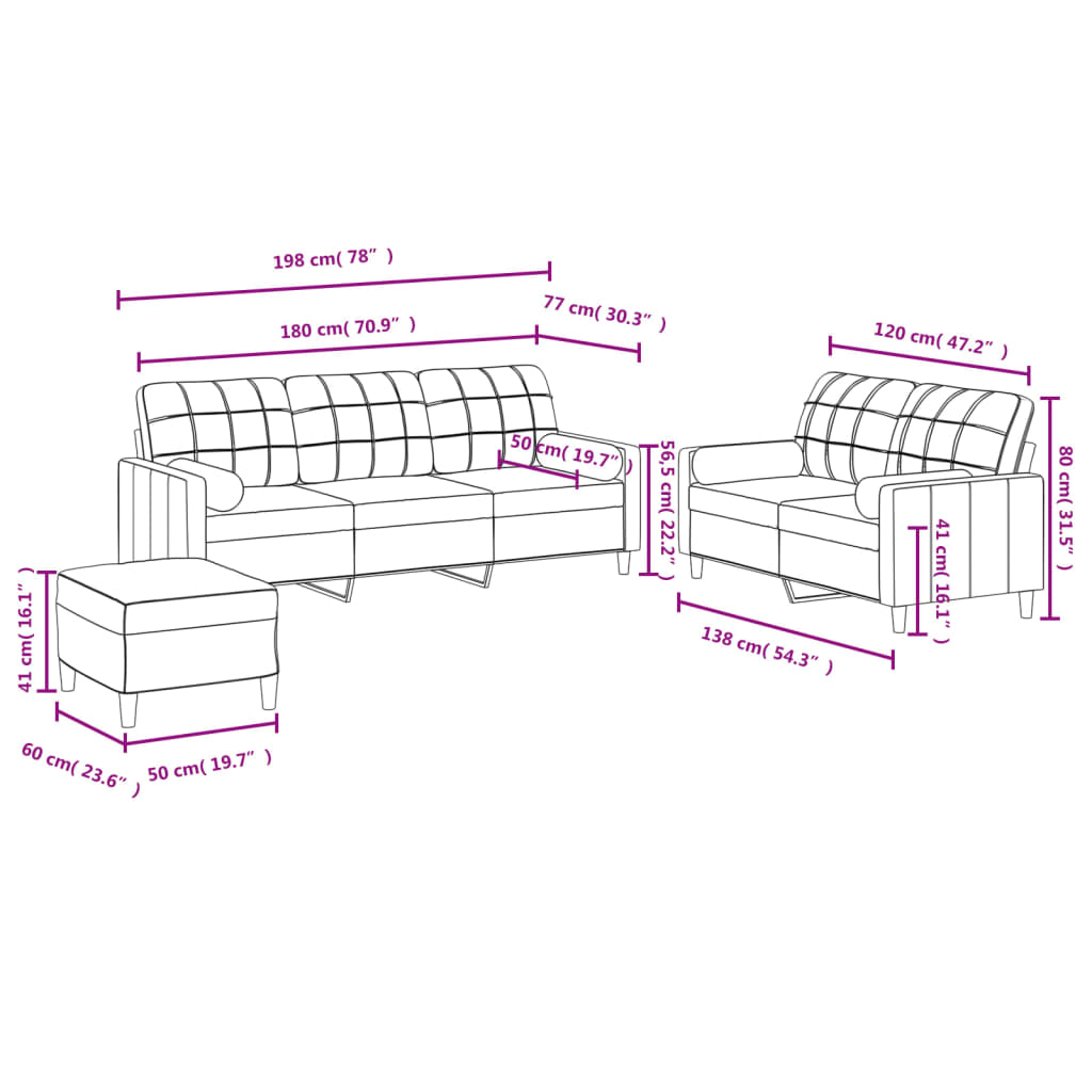 3-piece sofa set with cushions in taupe fabric