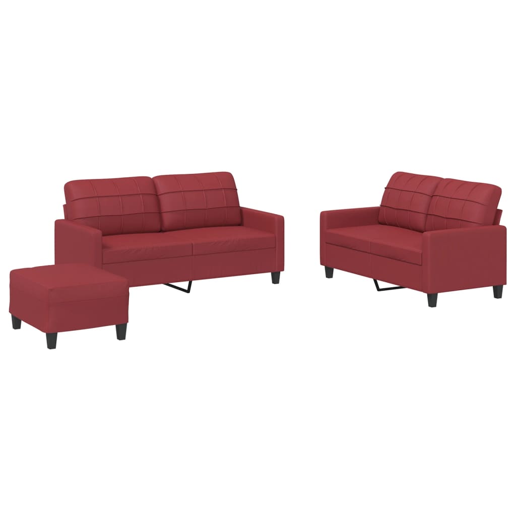 3-piece sofa set with cushions, wine red, faux leather