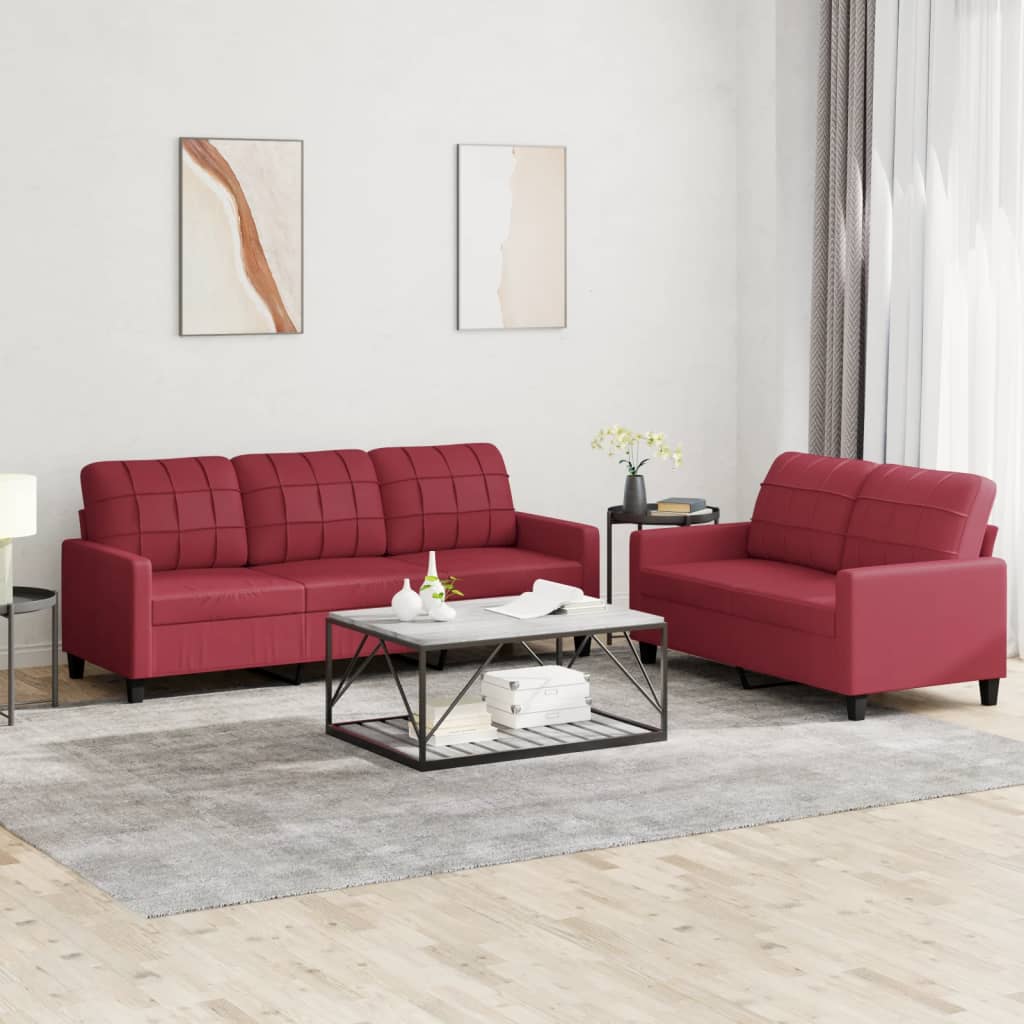 2-piece sofa set with cushions, wine red, faux leather