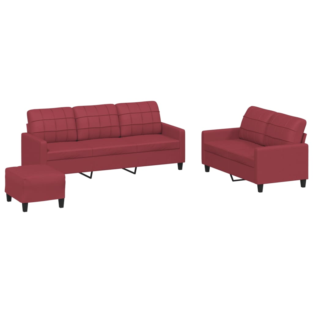 3-piece sofa set with cushions, wine red, faux leather