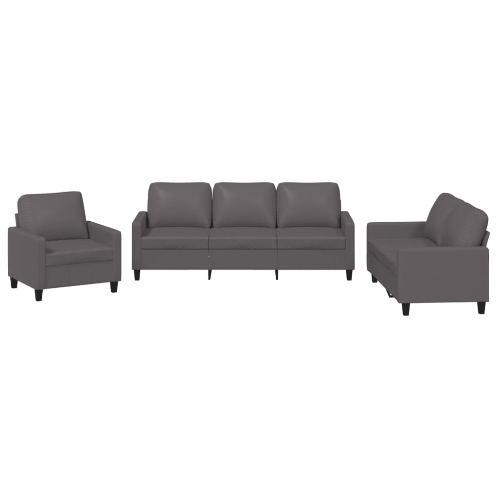 3-piece sofa set with cushions, grey faux leather