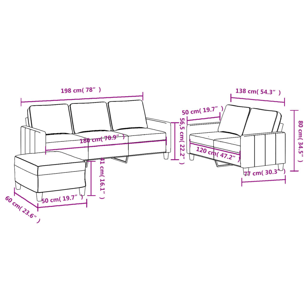 3-piece sofa set with cushions in light grey fabric