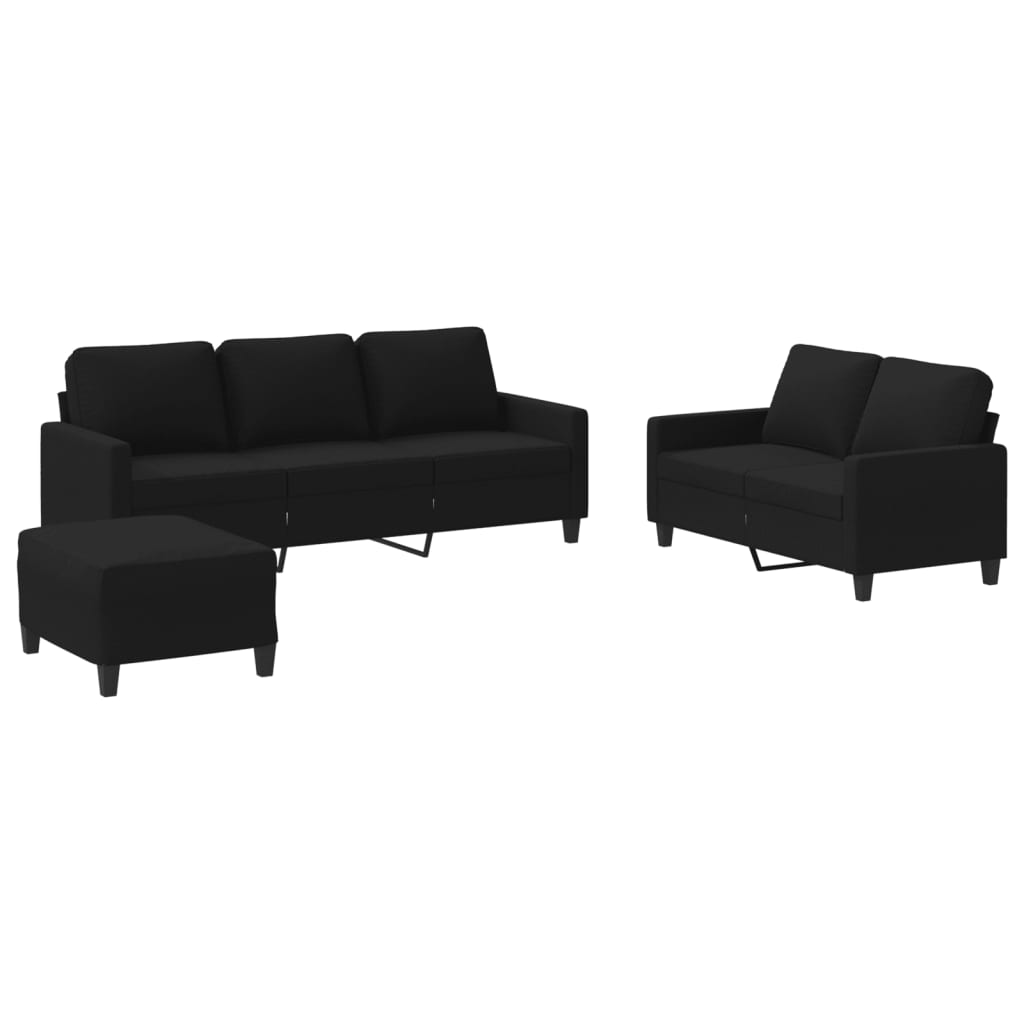 3-piece sofa set with cushions in black fabric