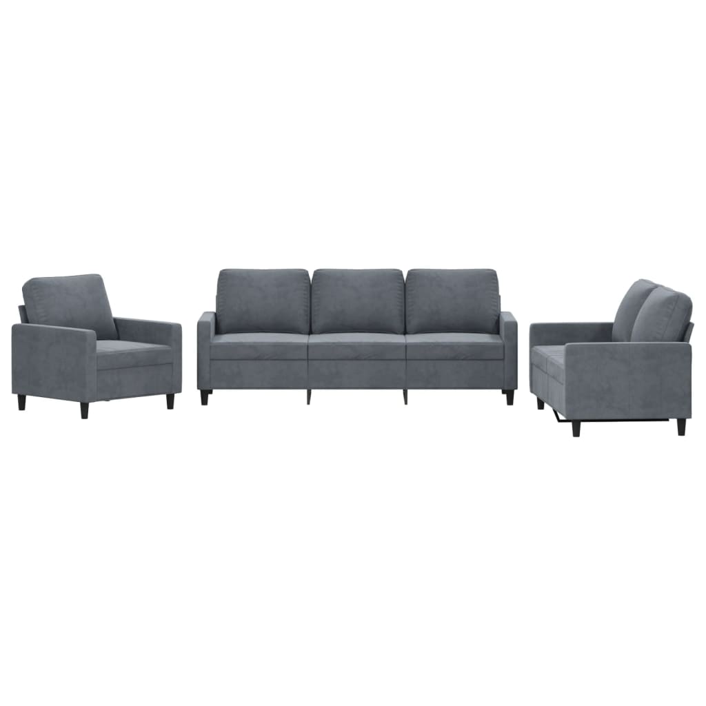3-piece sofa set with cushions in dark grey velvet