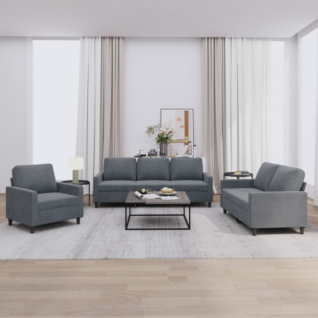 3-piece sofa set with cushions in dark grey velvet