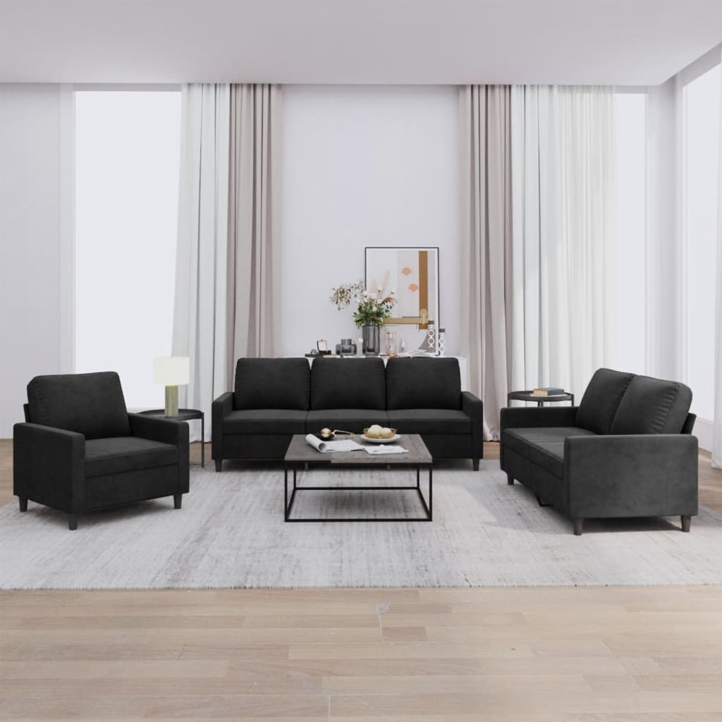 3-piece sofa set with cushions black velvet
