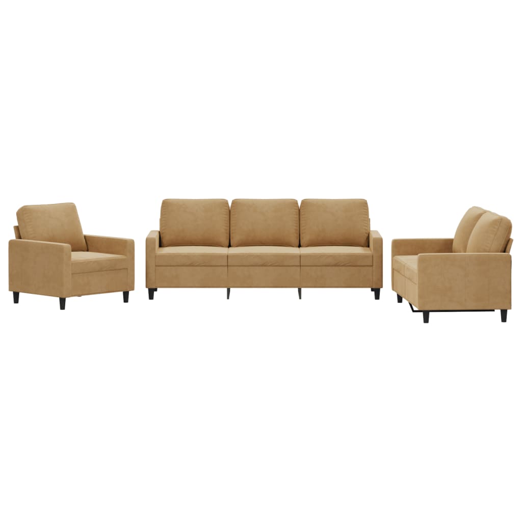 3-piece sofa set with cushions brown velvet
