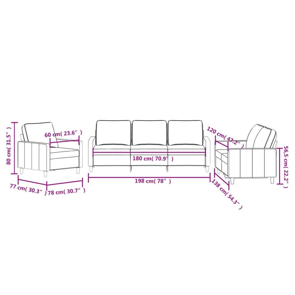 3-piece sofa set with cushions cream velvet