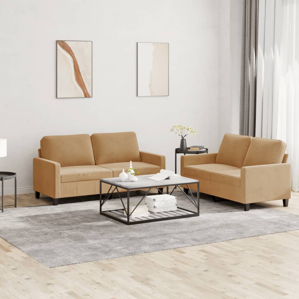 2-piece sofa set with cushions brown velvet