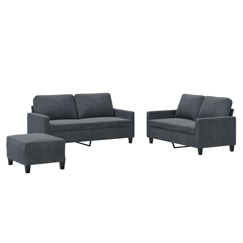 3-piece sofa set with cushions in dark grey velvet