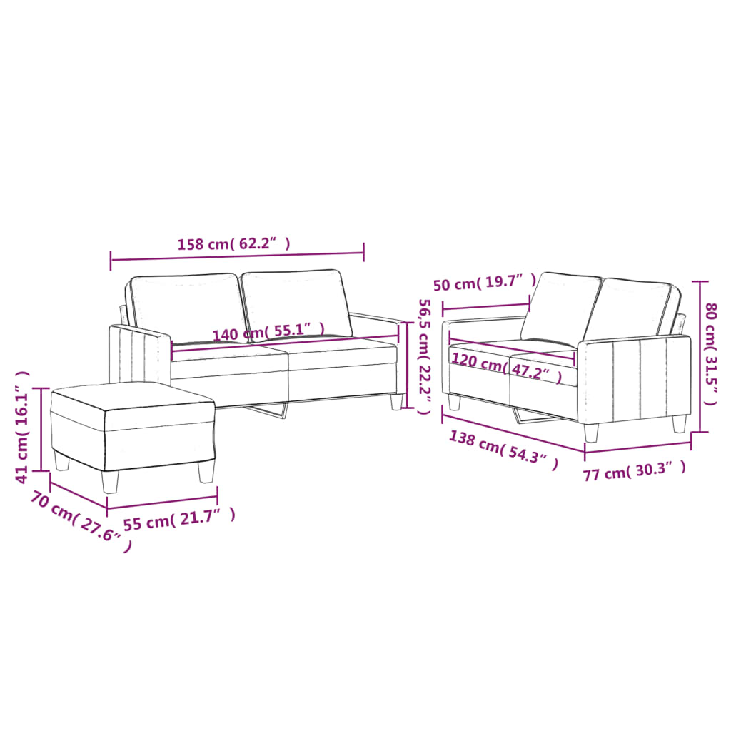 3-piece sofa set with cushions in dark grey velvet